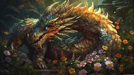 A dragon with eyes and head on a lot of flowers, generative ai