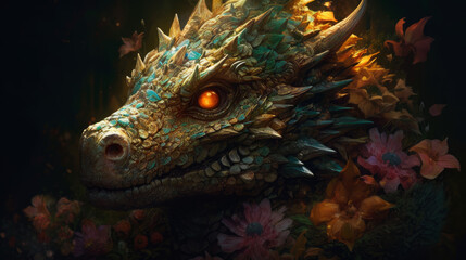 A dragon with eyes and head on a lot of flowers, generative ai