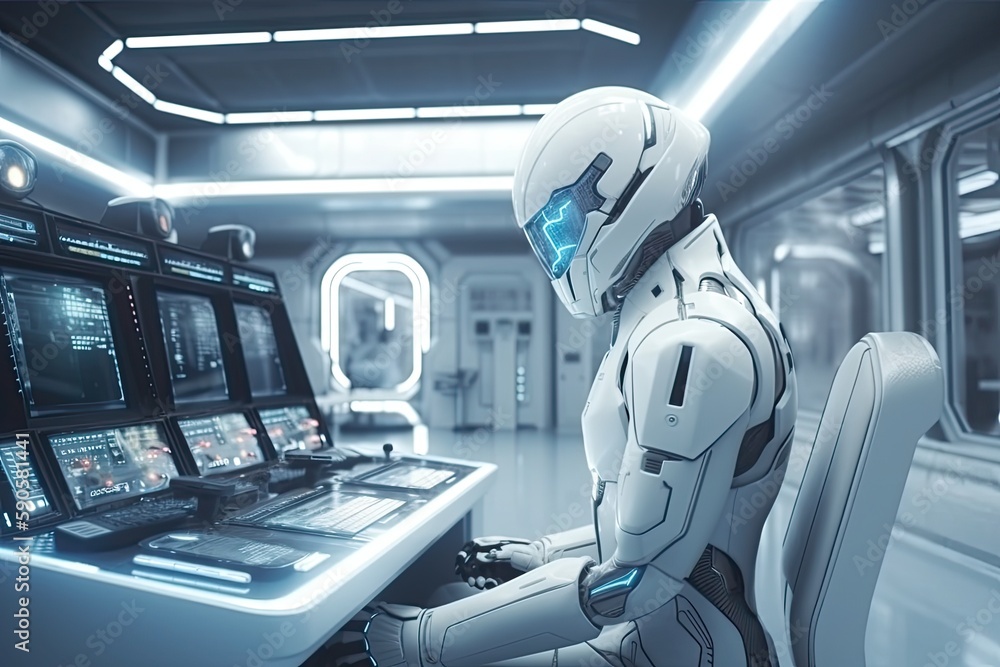 Poster robot operating a computer scree. generative ai