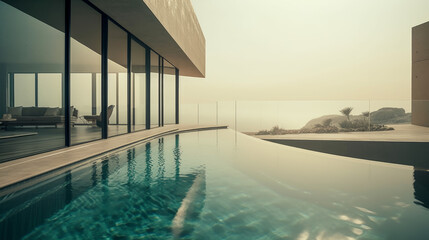 Fototapeta na wymiar Pool full of water in futuristic building and big windows, generative ai