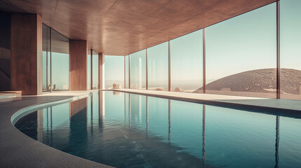 Fototapeta na wymiar Pool full of water in futuristic building and big windows, generative ai