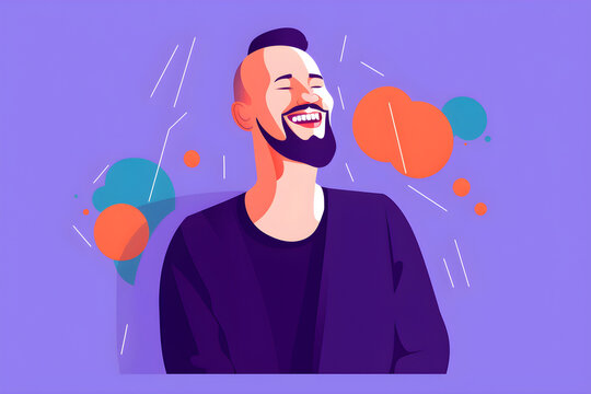 Flat vector illustration Portrait of a satisfied, happy, lovely man with a big smile on a purple background - Powered by Adobe