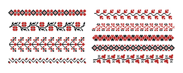 Traditional Ukrainian embroidery. Ukrainian folk border, ethnic slavic retro needlecraft elements, decorative repeat pattern. Vector ornamental set. Patriotic motif, elegant needlework