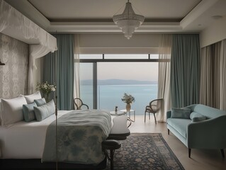 Un hôtel luxueux avec vue imprenable sur la mer, créé par IA, Intelligence Artificielle