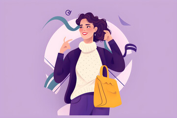Flat vector illustration Photo of funny positive woman wearing tied sweater arm handbag smiling isolated purple background