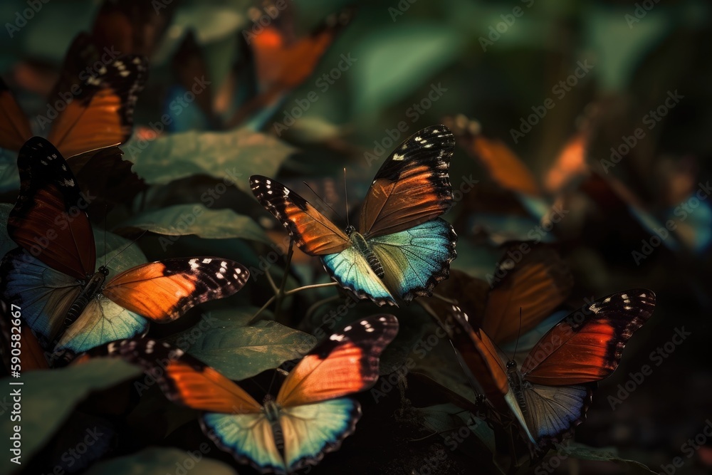 Wall mural colorful group of butterflies perched on green leaves. Generative AI