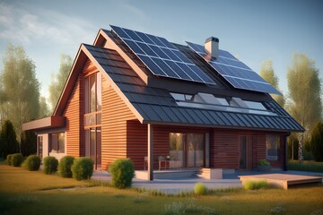 Fototapeta na wymiar Modern house with solar photovoltaic panels on the roof. 3D rendering style of eco house concept. Generative Ai.