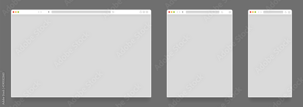 Poster browser mockups. empty computer tablet and mobile web page templates, blank website frames on differ