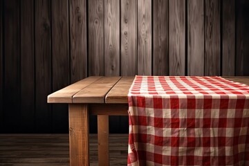 wooden table with a classic red and white checkered tablecloth. Generative AI - obrazy, fototapety, plakaty