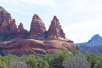 A spectacular red rock formation, known as the Two Nuns, in Sedona, Arizona and viewed from the Little Horse hiking trail.