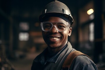 Happy Professional Heavy Industry Engineer Worker Wearing Uniform, Glasses Hard Hat in a Steel Factory. Smiling Specialist in a Metal Construction Manufacture. Generative ai.