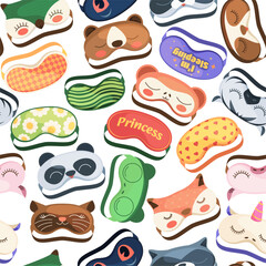 Sleeping mask pattern. Seamless print of bedclothes for baby face, children wallpaper for wrapping paper textile design. Vector texture. Sleepy animal faces as fox, bear, panda and zebra