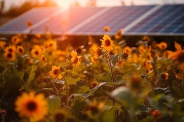 Solar panels under sunset summer sky on field of flowers. Generative Ai.