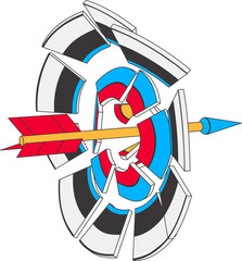 An arrow breaks target into pieces. The cartoon arrow flies through the target.