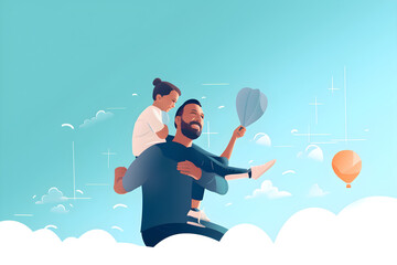 Flat vector illustration Portrait, father and child carrying summer holidays, holidays and freedom against blue sky in mock up place. Happy family below, dad and girl fly