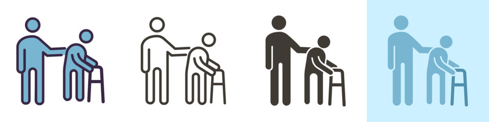 Fototapeta na wymiar Person helping old patient. Vector icon illustration in different styles. Nursing home, senior and elders support, healthcare for the older people