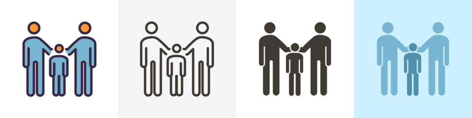 Family with parents and kid icon. Vector graphic element illustrations in different styles. For concepts of family union, adopting a child, same sex parenting, orphanage