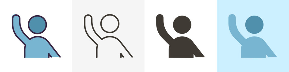 Character with arm raised ready to help, answer, question something or hand wave. Vector icon illustration in different styles. Volunteer, student raising his arm, voting, protesting, waving