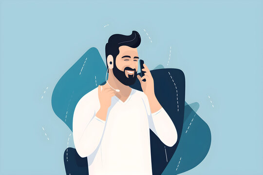Flat vector illustration Portrait of a man with brunette animation and joy on the phone, smiling teeth, wearing a white t-shirt and jeans on a blue background, copy space