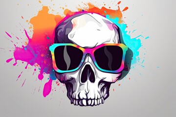 scull in sunglasses realistic with paint splatter abstract  