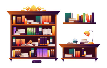 Bookcase. Book shelf with books and research academic interior, library classic collection of bookshelf furniture. Vector illustration. Desk with open encyclopedia, lamp and cup of tea
