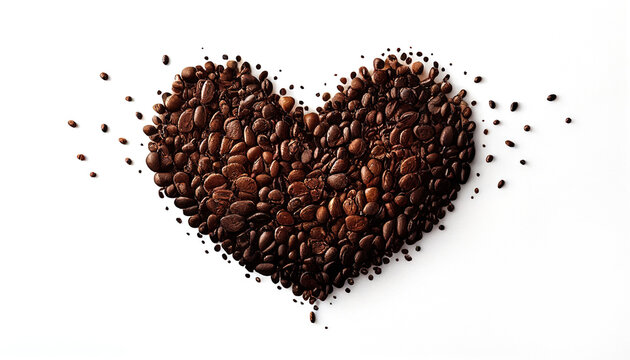 Heart-shaped coffee beans on a white background with Generative AI, representing love and concern for sustainable and organic farming.