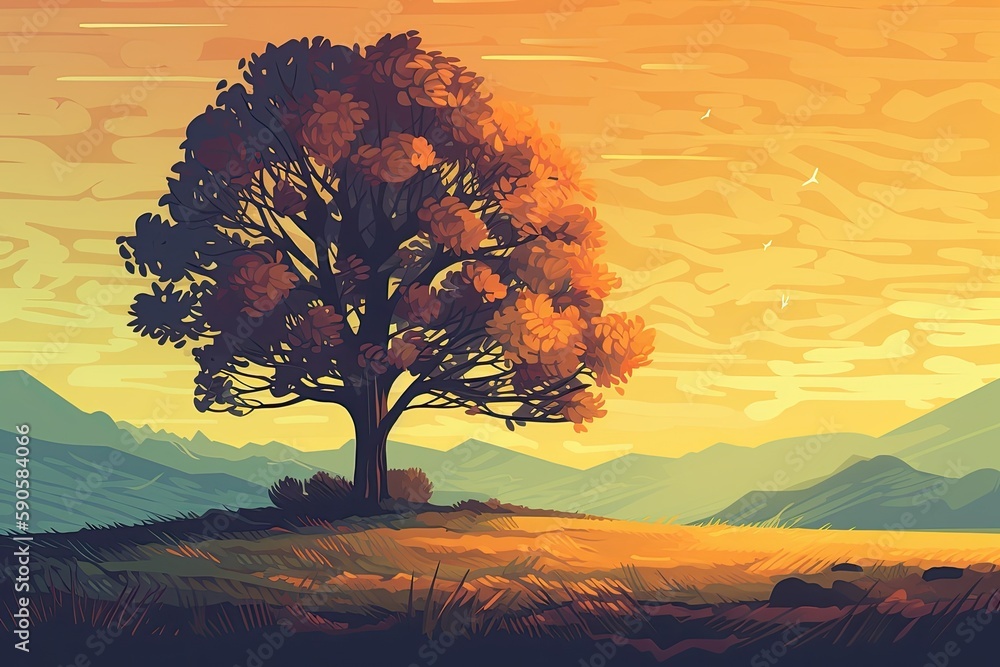 Poster solitary tree standing in a vast open field. generative ai