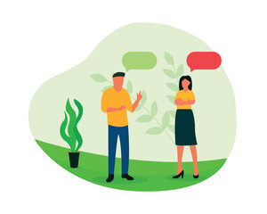 Young fashionable people standing and chatting, discussing important matters in the park. Happy guys and girls talking. Flat cartoon vector illustration.