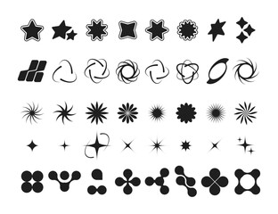 Y2k black symbols. Retro futuristic geometric elements, 70s 80s modern decorative symbols globe star arrow planet. Vector isolated set. Shining stars, cosmos or galaxy elements, geometric icons