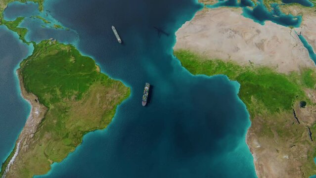 Industrial sea freight ship cargo logistics container world map geo tag navigation import export water delivery transportation concept international shipping isolated copy space flat horizontal. 3d