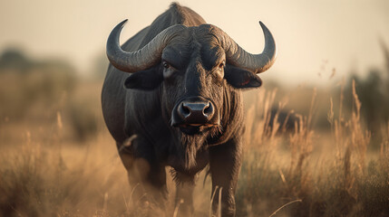 Fototapeta premium buffalo on the background of the African savannah, hot day, animals of Africa. ai generative