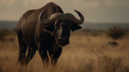 Obraz premium buffalo on the background of the African savannah, hot day, animals of Africa. ai generative