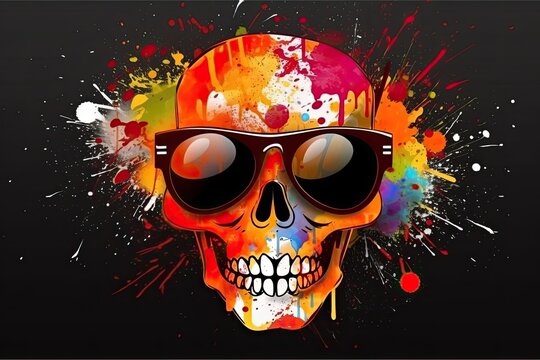 scull in sunglasses realistic with paint splatter abstract