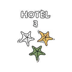 3 stars rating hotel, service. Hand drawn sketched picture with one starfish. Doodle cartoon illustration on white background