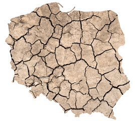 An outline of a map of Poland with cracked dry earth visible inside the outline. Object isolated...