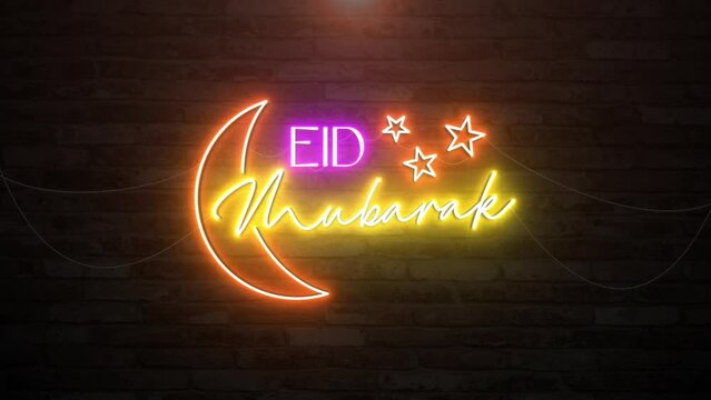 Eid mubarak in wall background with neon animation. Seamless loop video