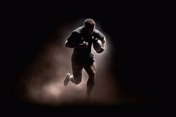 Silhouette of a Rugby Player Running with the Rugby Ball with Backlight, Generative AI - 590585637