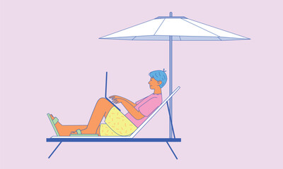 A man works on a laptop on a sun lounger under an umbrella. The concept of remote work on the seashore. Digital nomad, work while traveling. Modern flat vector illustration.