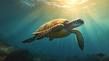 aquatic animal sea turtle swimming near the water surface, habitat portrait of turtle floating Up and over coral reef, Generative AI ,illustration