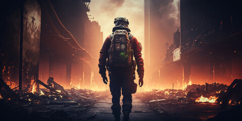 Obraz premium Lone firefighter walking, destruction, fire, earthquake, apocalypse, game, lifestyle, low profile. Generative AI