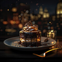 Fototapeta na wymiar Chocolate cake close up in the background of the celebration. Chocolate dessert. Generative AI.
