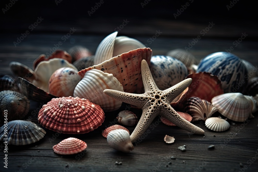 Poster rustic display of seashells on a wooden table. generative ai