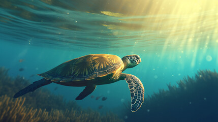 aquatic animal sea turtle swimming near the water surface, habitat portrait of turtle floating Up and over coral reef, Generative AI ,illustration