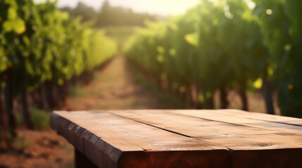 Fototapeta premium Empty wood table in front of vineyard with grape and blue sky at morning blurred background concept image for product commercial ad Generative AI