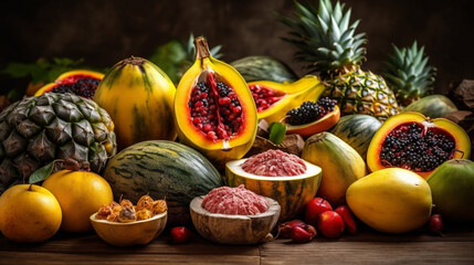 Exotic fruits on banana leaves background - papaya, mango, pineapple, banana, carambola, dragon fruit, lemon, orange, water melon, coconut, rambutan, mangosteen, longan, grape and passion fruit