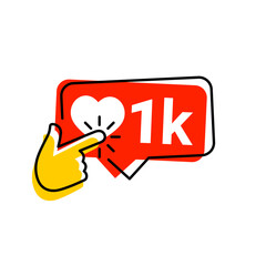 1k icon likes. 1k counter notification icon. Follower. Button, ui, web. 1000 social media likes. Hand click finger icon vector