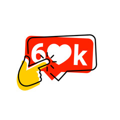 60k icon likes. 60k counter notification icon. Follower. Button, ui, web. 60000 social media likes. Hand click finger icon vector