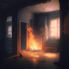 Fire in a house. Generative AI.