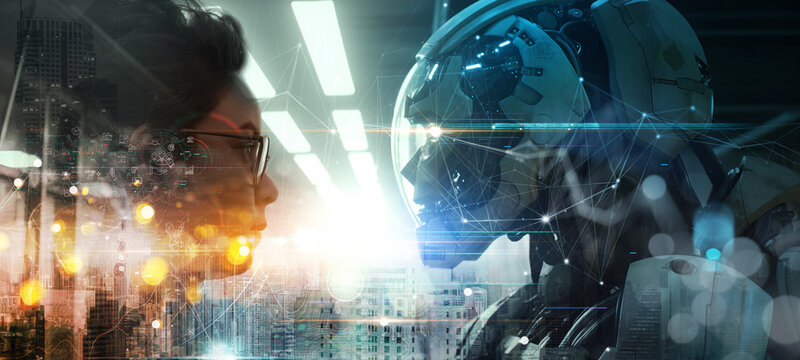 The face of a businesswoman and a robot opposite each other look into the eyes. Modern technologies, robot versus human, artificial intelligence, neural networks.