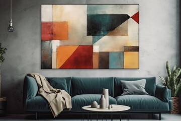 modern living room with a statement blue couch and a colorful painting on the wall. Generative AI